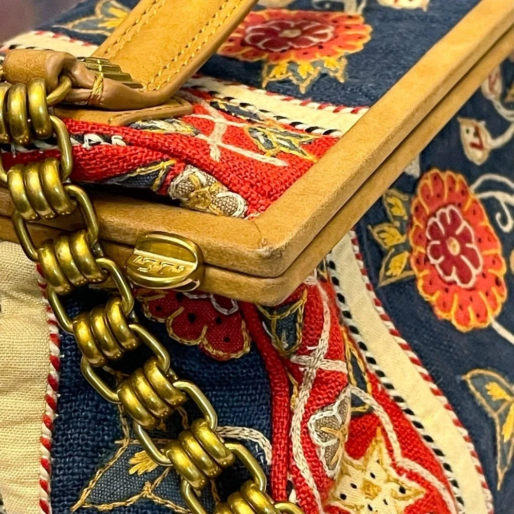 Tory Burch Tapestry Embroidered Barrel Bag‎ Floral Carpet Navy Red Gold GUC